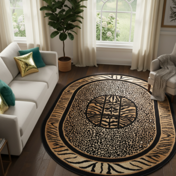 Teppich Atlas Oval Schwarz Braun Tier Print Safari