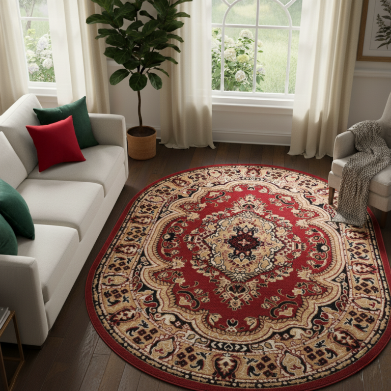 Teppich Atlas Oval Rot Beige Traditionell Medaillon