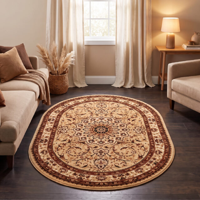 Teppich Atlas Oval Beige Traditionell Rosette Rahmen