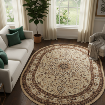 Teppich Atlas Oval Beige Traditionell Rosette Rahmen