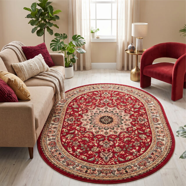 Teppich Atlas Oval Rot Traditionell Rosette Rahmen