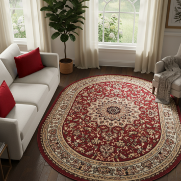 Teppich Atlas Oval Rot Traditionell Rosette Rahmen