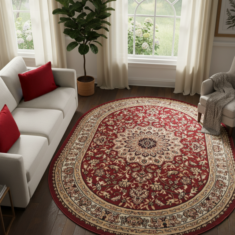Teppich Atlas Oval Rot Traditionell Rosette Rahmen