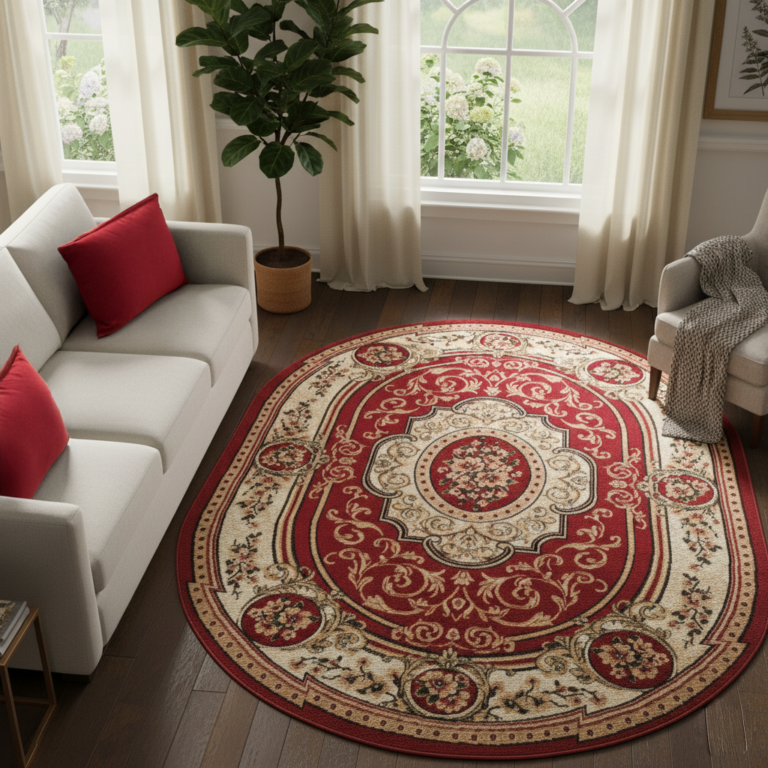 Teppich Atlas Oval Rot Creme Traditionell Medaillon