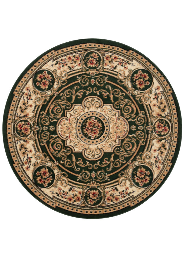 Teppich Atlas Rund Grün Creme Traditionell Medaillon