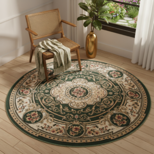 Teppich Atlas Rund Grün Creme Traditionell Medaillon