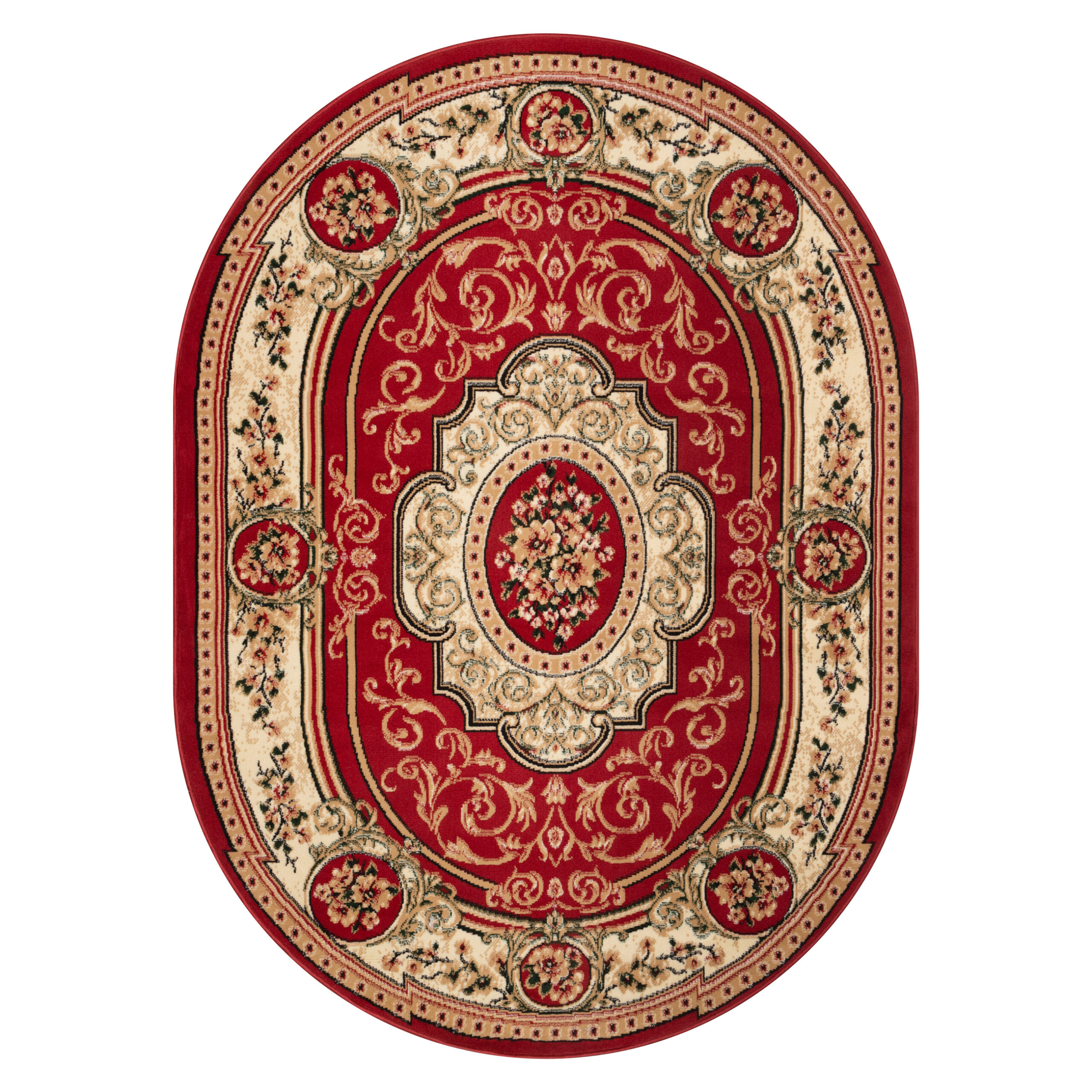 Teppich Atlas Oval Rot Creme Traditionell Medaillon
