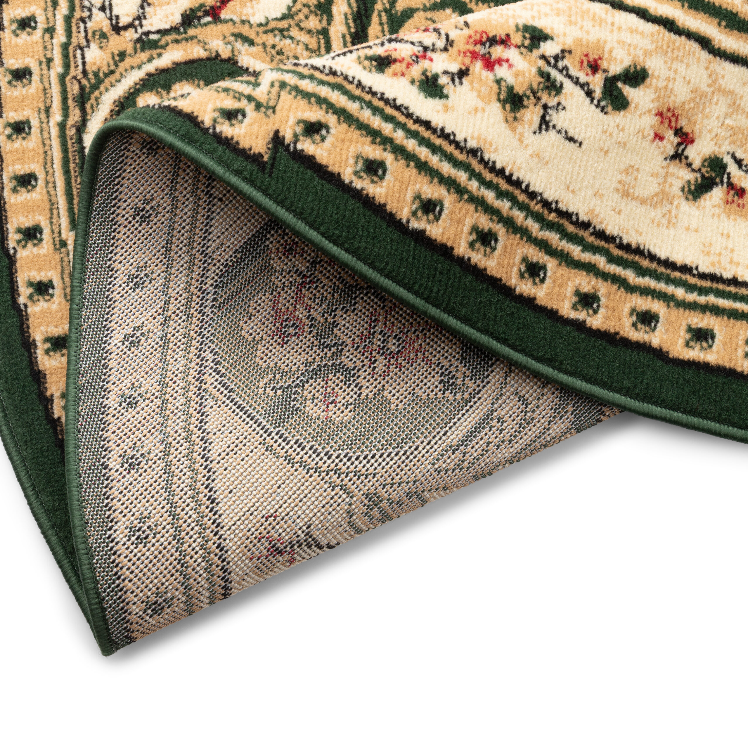Teppich Atlas Oval Grün Creme Traditionell Medaillon