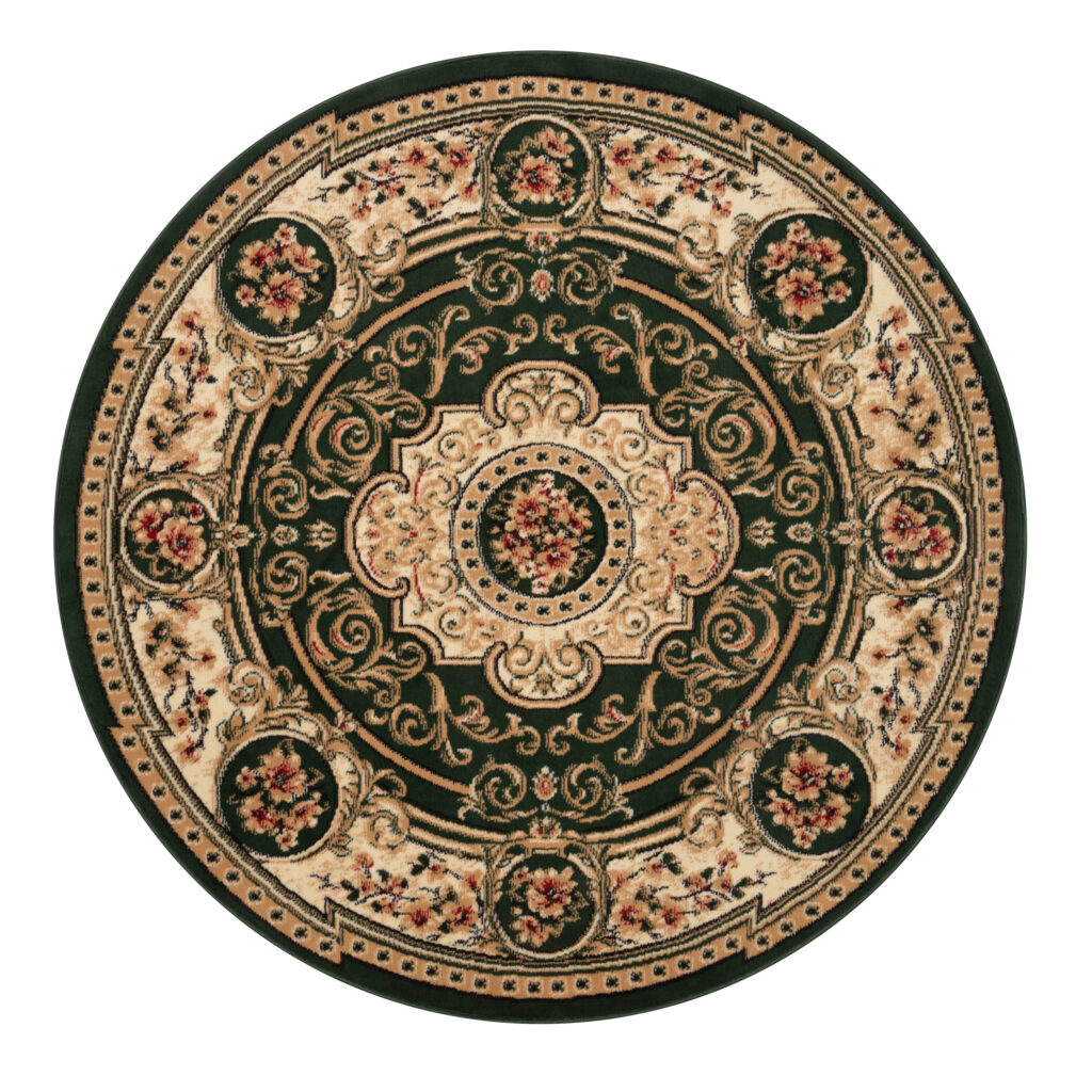 Teppich Atlas Rund Grün Creme Traditionell Medaillon