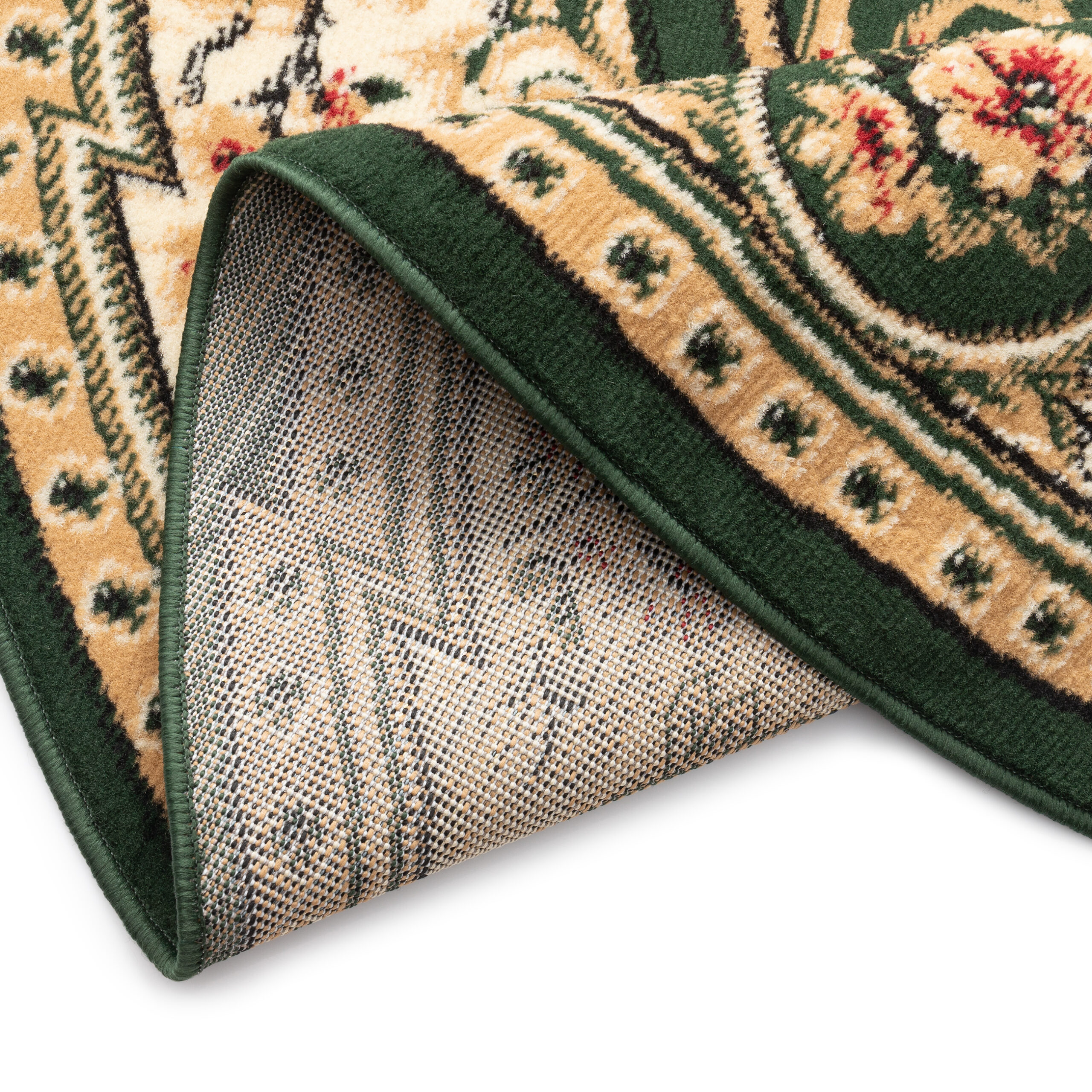 Teppich Atlas Rund Grün Creme Traditionell Medaillon