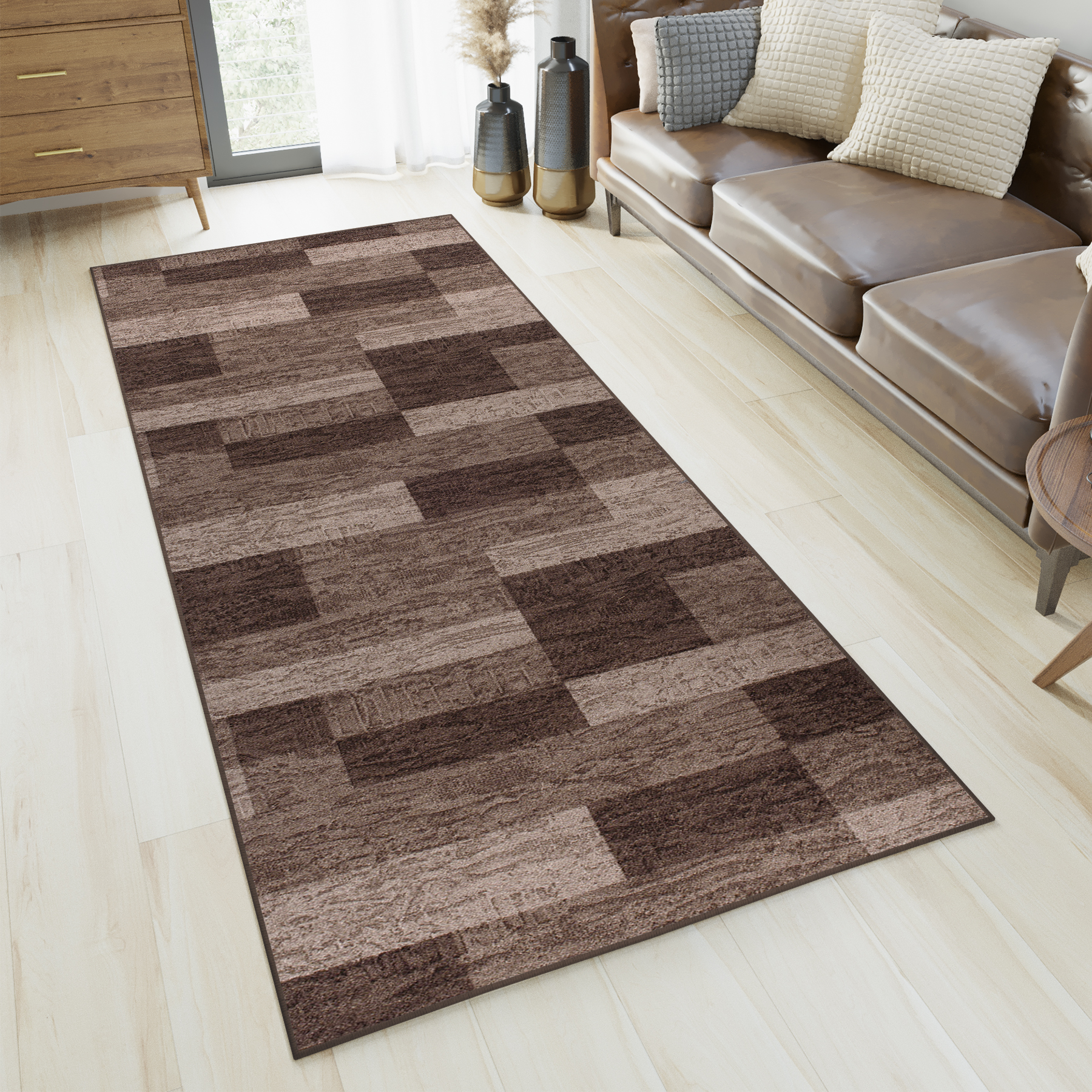 Teppichläufer Rutschfest Dunkelbraun Beige Geometrisch Meterware