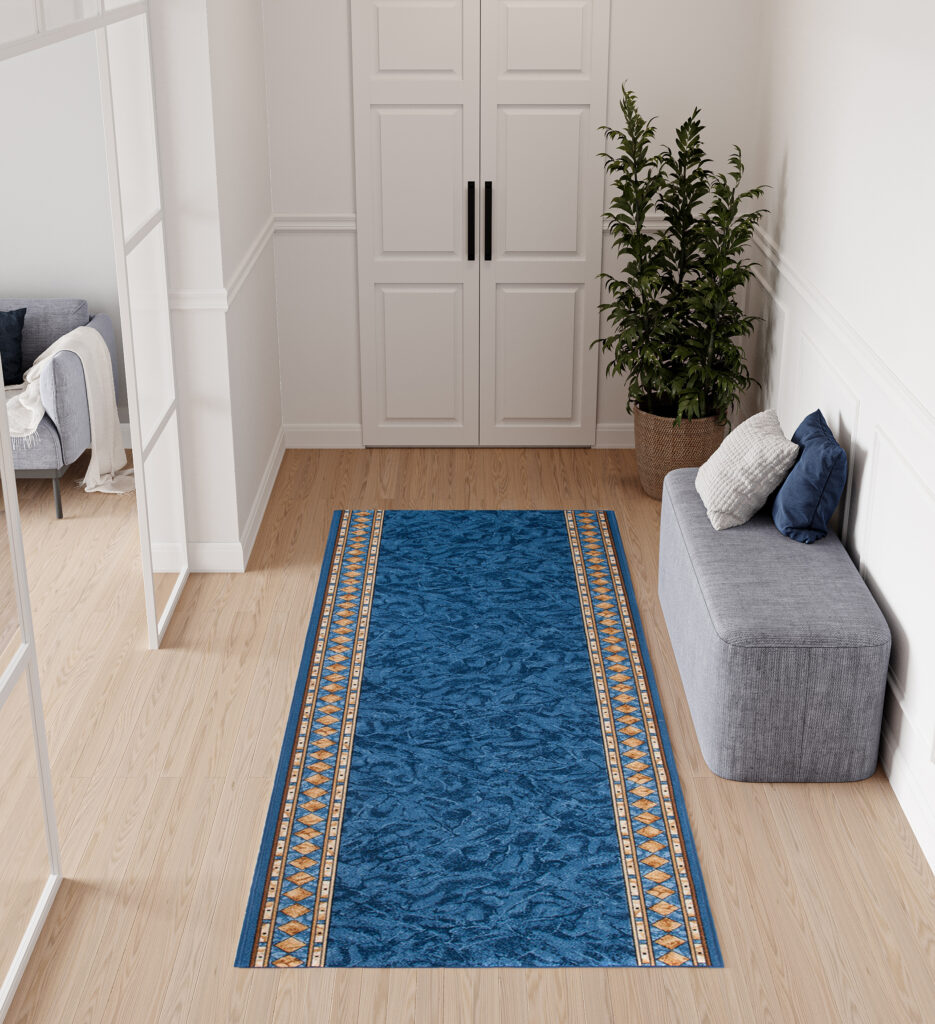 Teppichläufer Rutschfest Blau Ornament Meterware