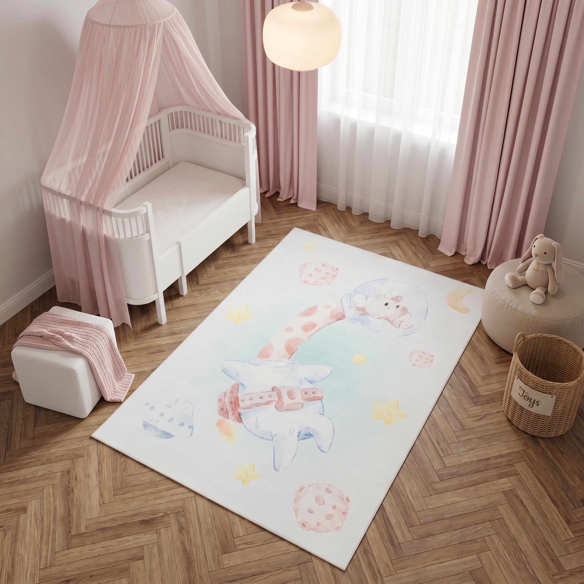 Teppich Kids Kurzflor Kinderteppich Mehrfarbig Giraffe Weltraum