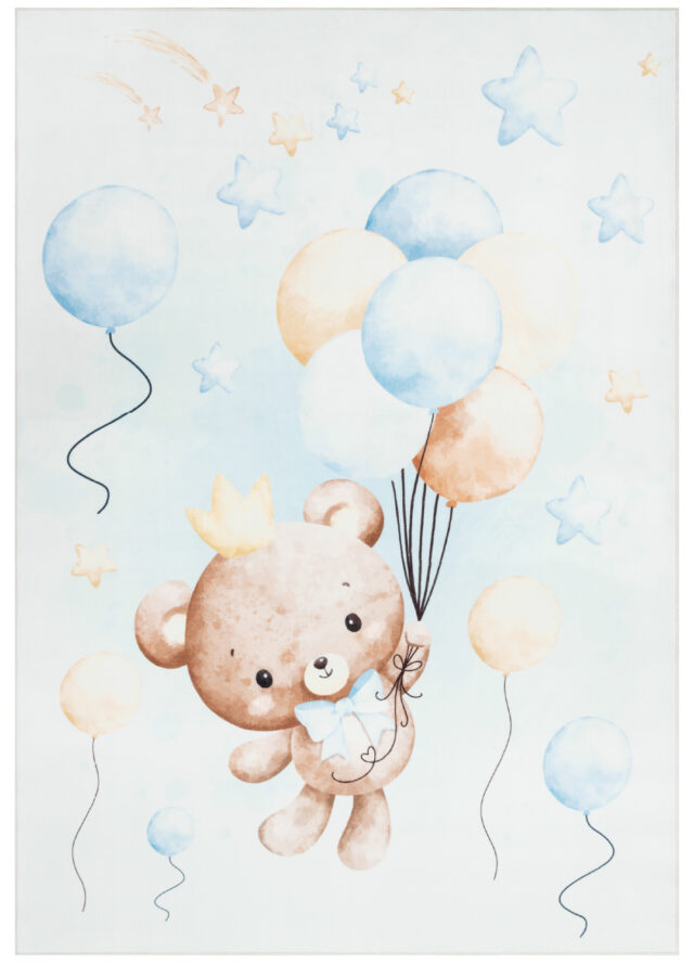 Teppich Kids Kurzflor Kinderteppich Mehrfarbig Teddybär Luftballons