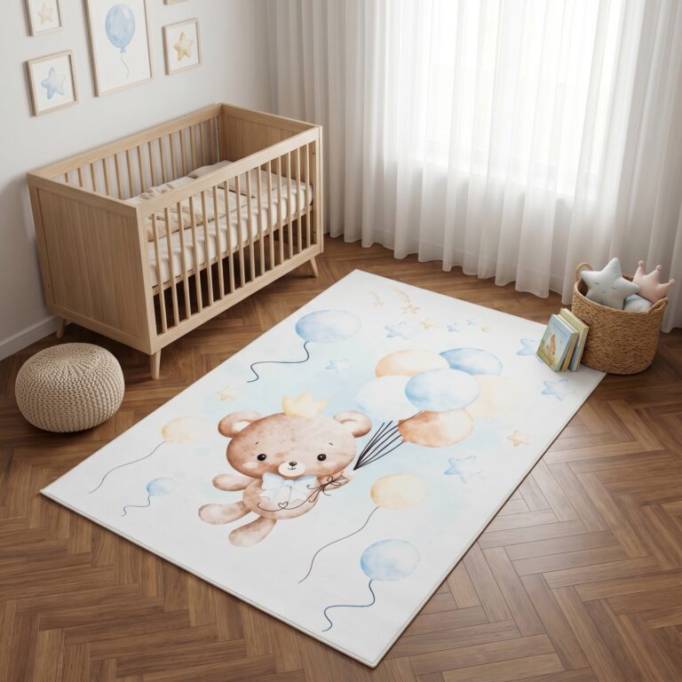 Teppich Kids Kurzflor Kinderteppich Mehrfarbig Teddybär Luftballons