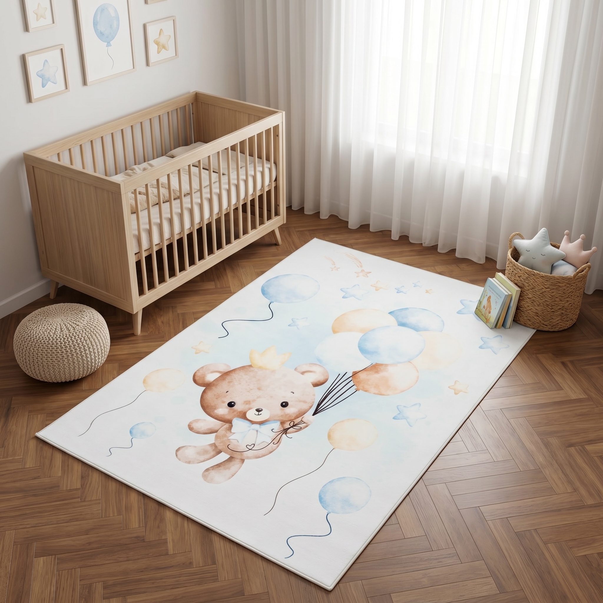 Teppich Kids Kurzflor Kinderteppich Mehrfarbig Teddybär Luftballons