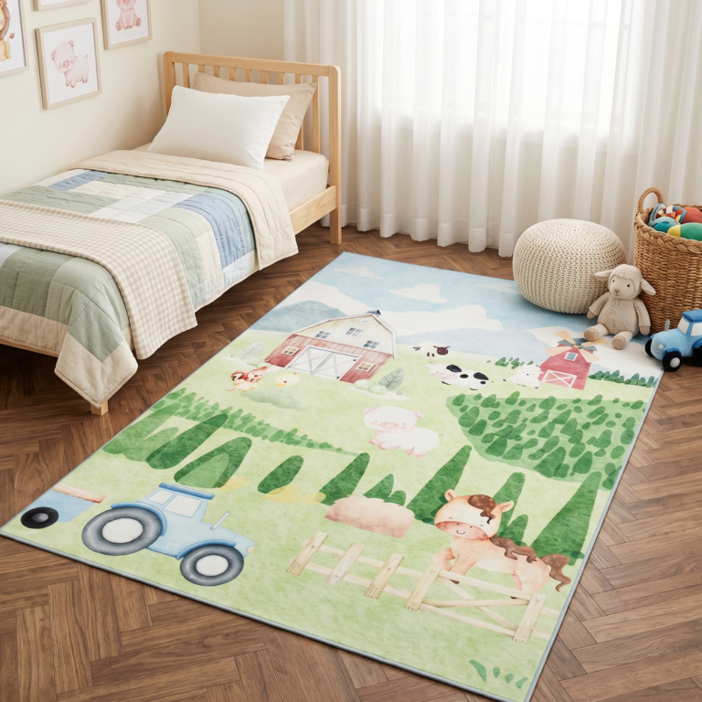 Teppich Kids Kurzflor Kinderteppich Bunt Bauernhof Tiere