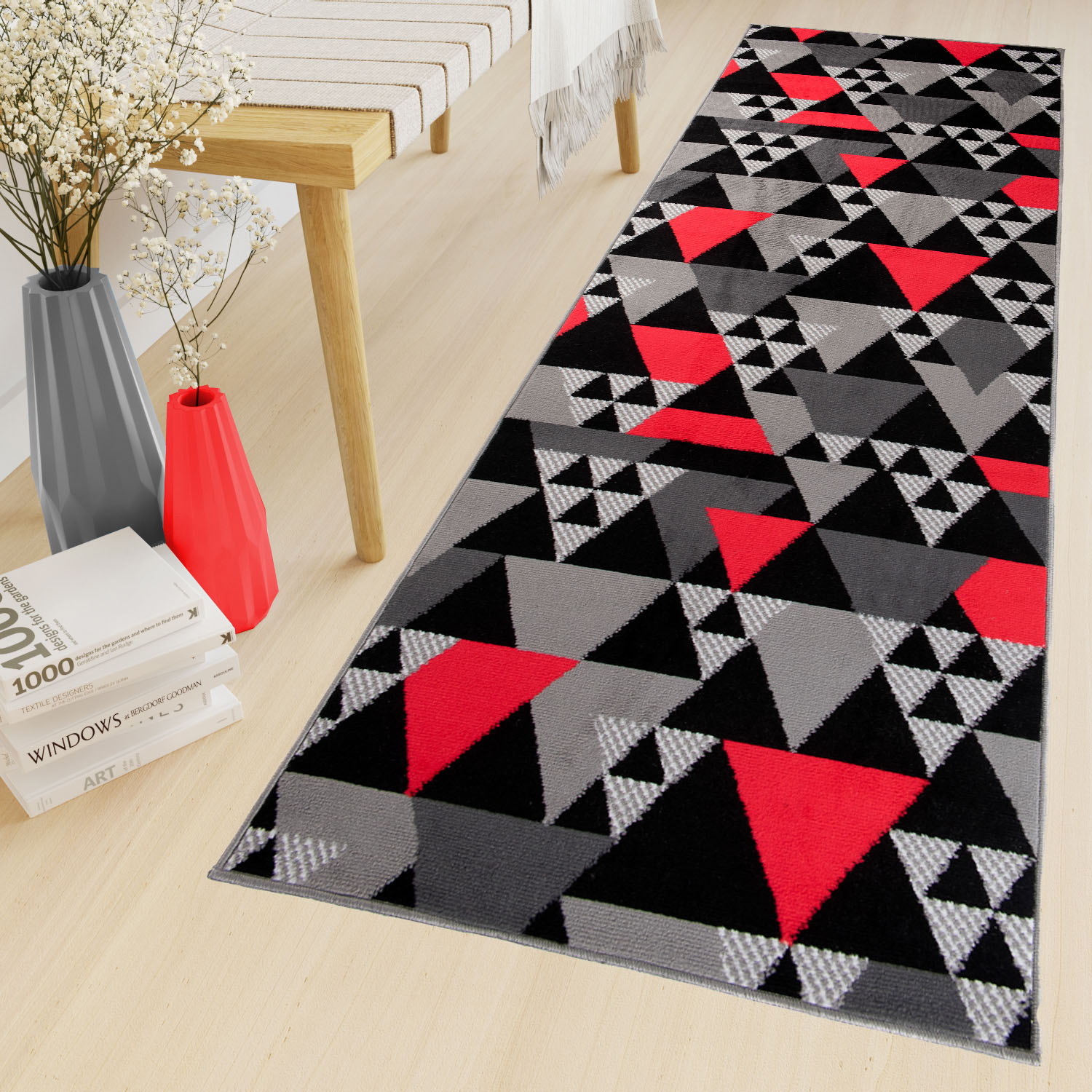 Teppichläufer Maya Grau Rot Geometrisch Dreiecke Meterware