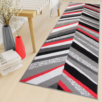 Teppichläufer Maya Grau Rot Geometrisch Linien Meterware