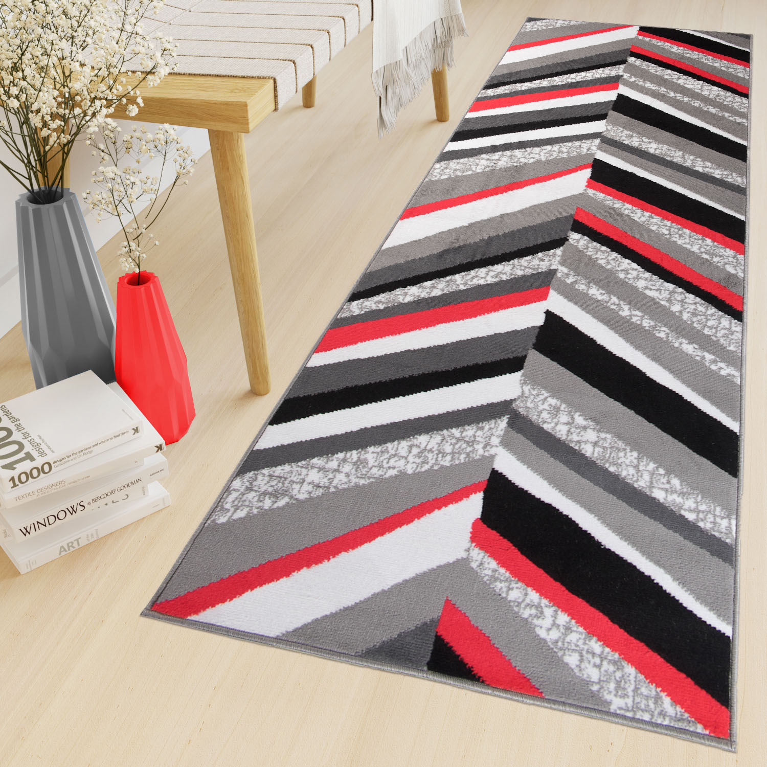 Teppichläufer Maya Grau Rot Geometrisch Linien Meterware