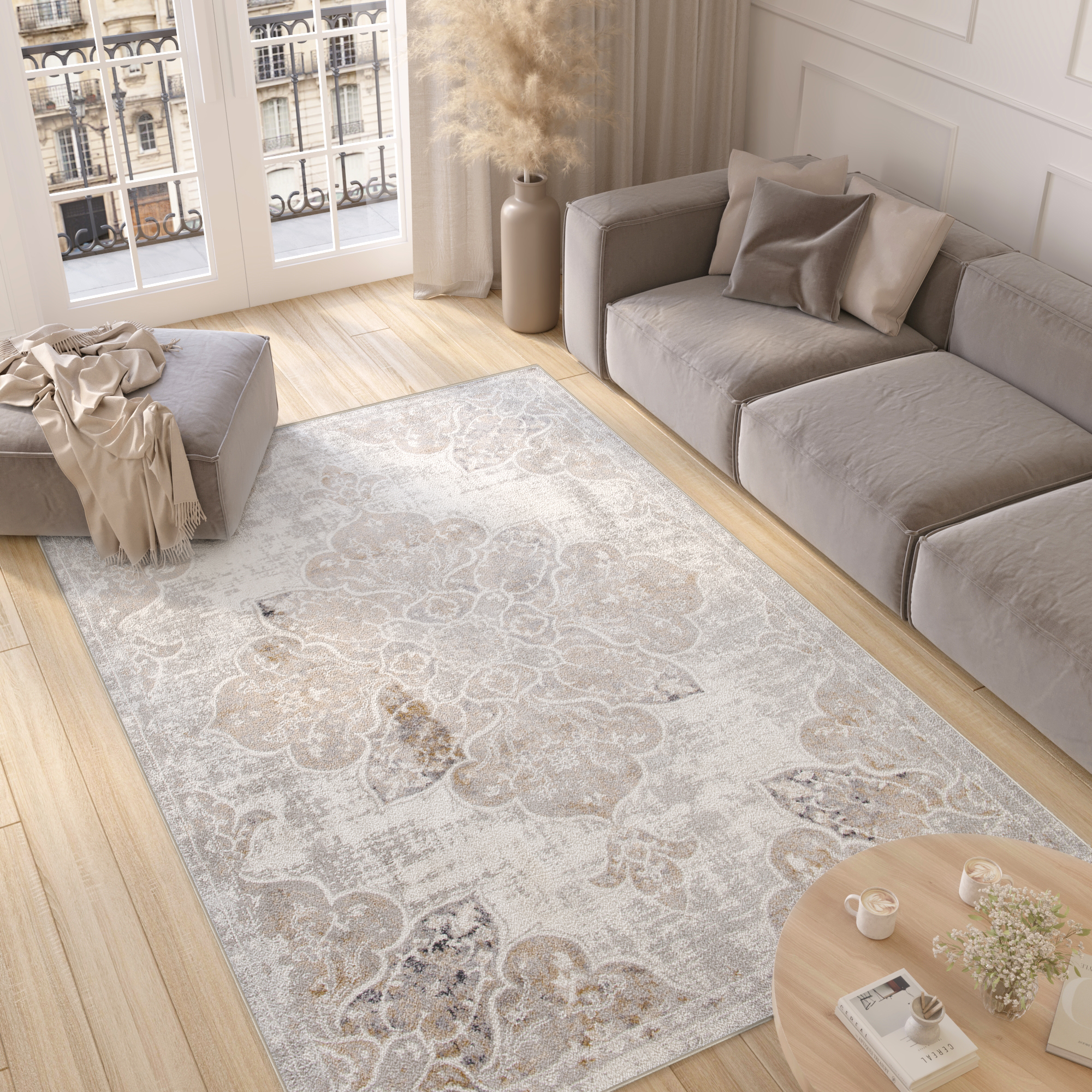 Teppich Valley Grau Beige Vintage Blumen