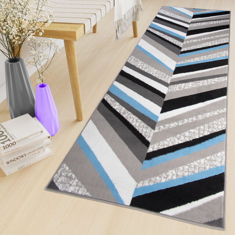 Teppichläufer Maya Grau Blau Geometrisch Linien Meterware