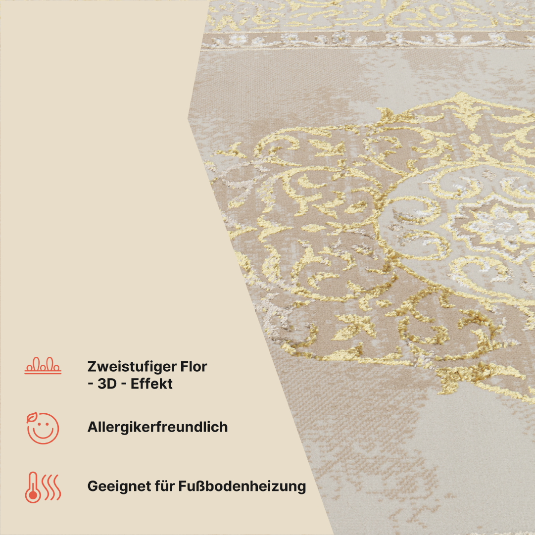Teppich Ares Gold Beige Rosette Vintage