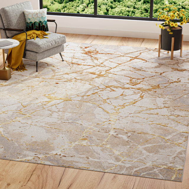Teppich Golden Creme Gold Abstrakt Linien