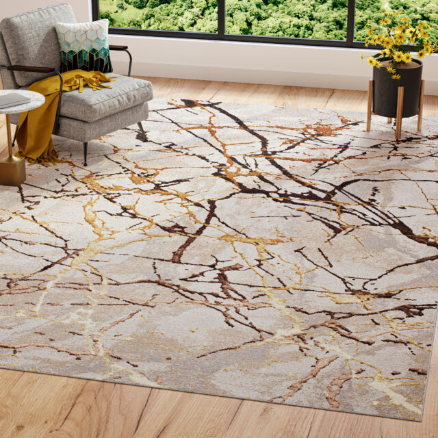 Teppich Golden Creme Gold Braun Linien
