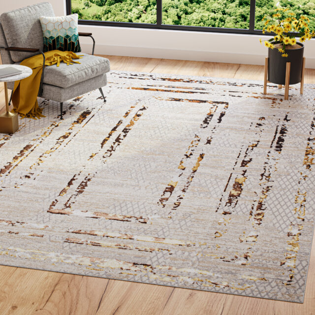 Teppich Golden Creme Gold Rahmen Meliert