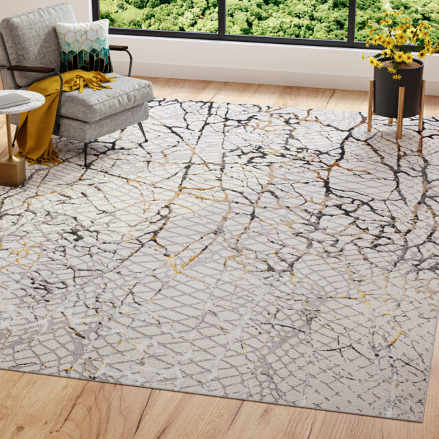 Teppich Golden Creme Gold Grau Schlangenleder Motiv