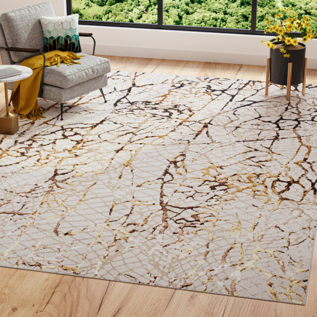 Teppich Golden Creme Gold Braun Schlangenleder Motiv