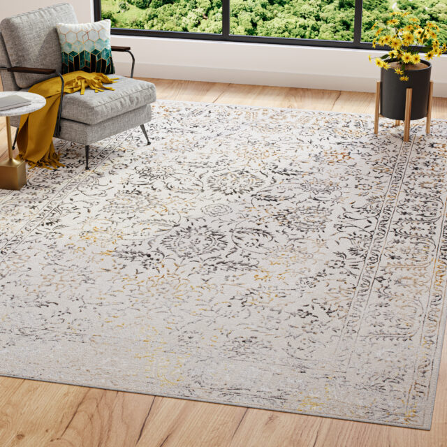 Teppich Golden Creme Gold Grau Vintage Rahmen