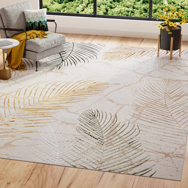 Teppich Golden Creme Gold Grün Blätter