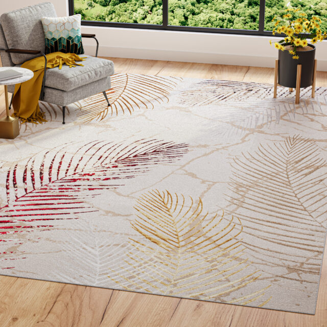 Teppich Golden Creme Gold Rot Blätter