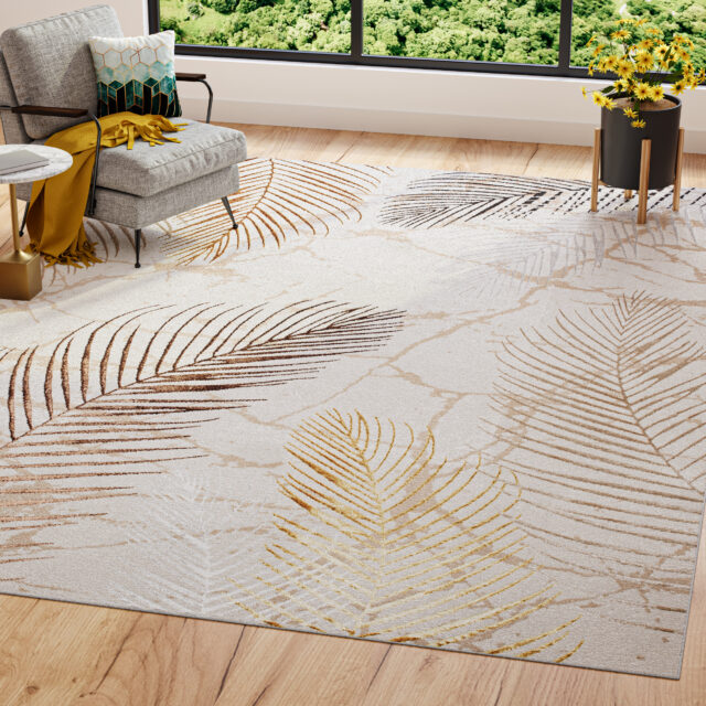 Teppich Golden Creme Gold Braun Blätter