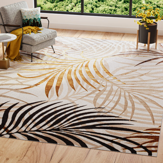 Teppich Golden Creme Braun Gold Blätter
