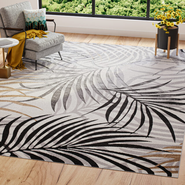 Teppich Golden Creme Grau Beige Blätter