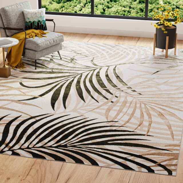 Teppich Golden Creme Beige Grün Blätter