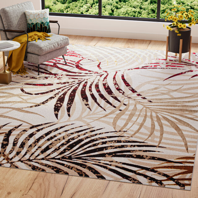 Teppich Golden Creme Beige Rot Blätter